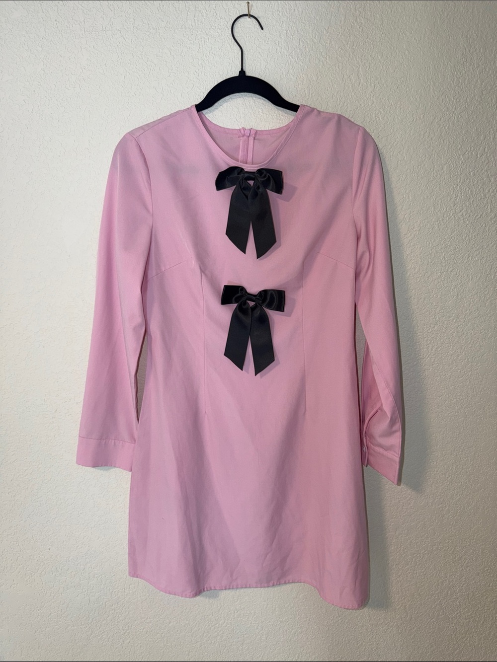 Pink Long Sleeve Dress with Black Ribbon Bows